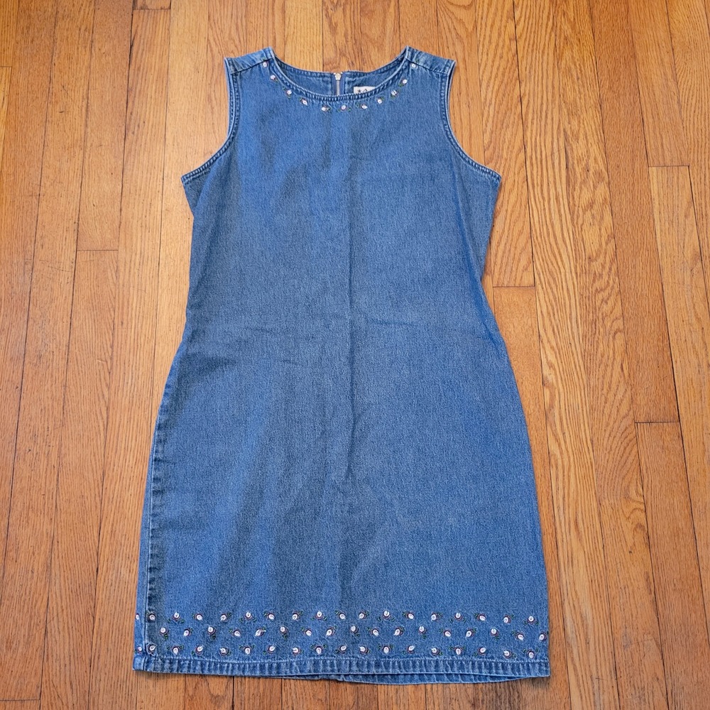 AMI S Jumper Dress Blue Jean Denim Floral Embroidered Vintage 90s Cottage Boho
